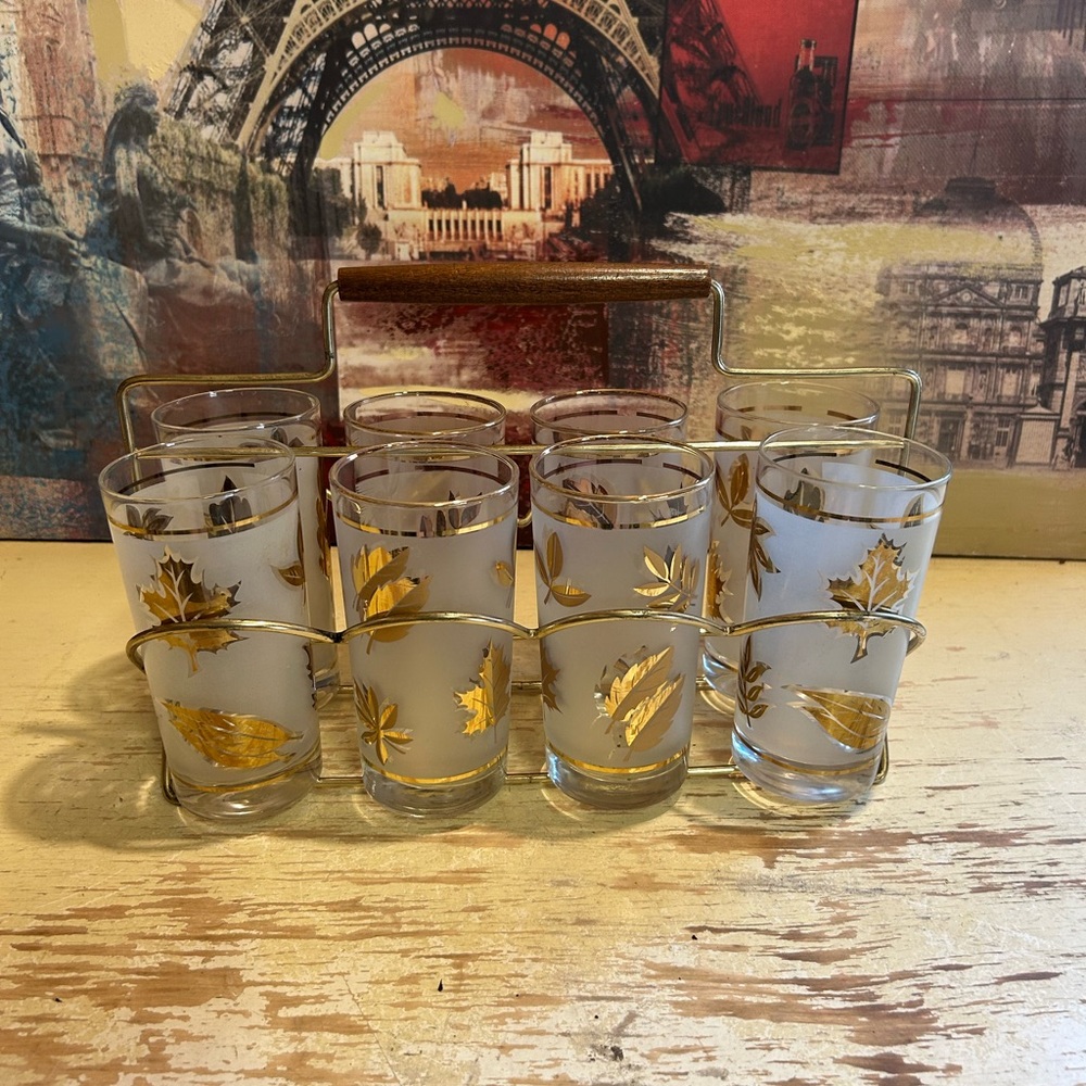 Mid Century Modern Frosted & Gold Leave Pattern Highball Cocktail Glasses Caddy
